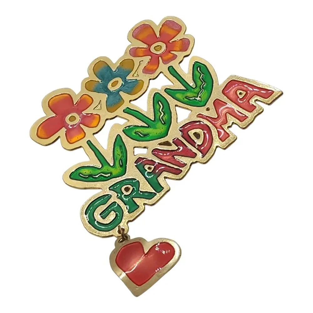 Grandma Grandmother Flower Enamel Brooch Pin Dangling Heart Multicolor Gold Tone